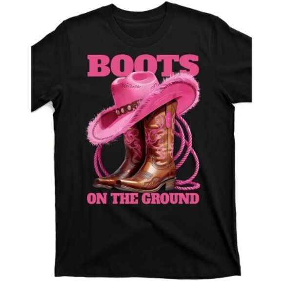 "Boots on the Ground" Unisex Western Cowboy Style 100% Cotton T-Shirt XL Pink - Picture 1 of 5